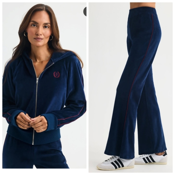 Nwt AYDA set: Luxury Winter Blue Velvet W Burgundy Piping Pants + Top Xs/S - Picture 6 of 7